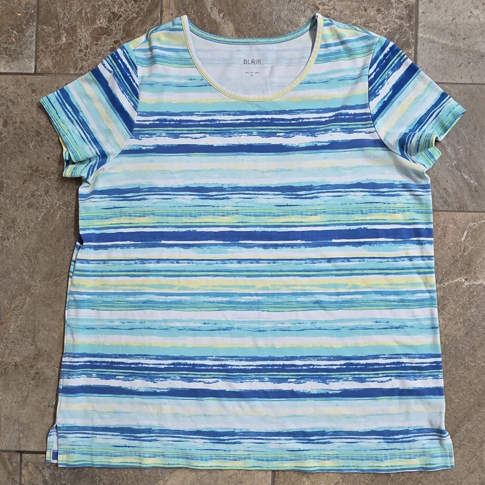 Blair Striped Tee in Blue and Green Women XL Vibrant Fresh Summer Beachy